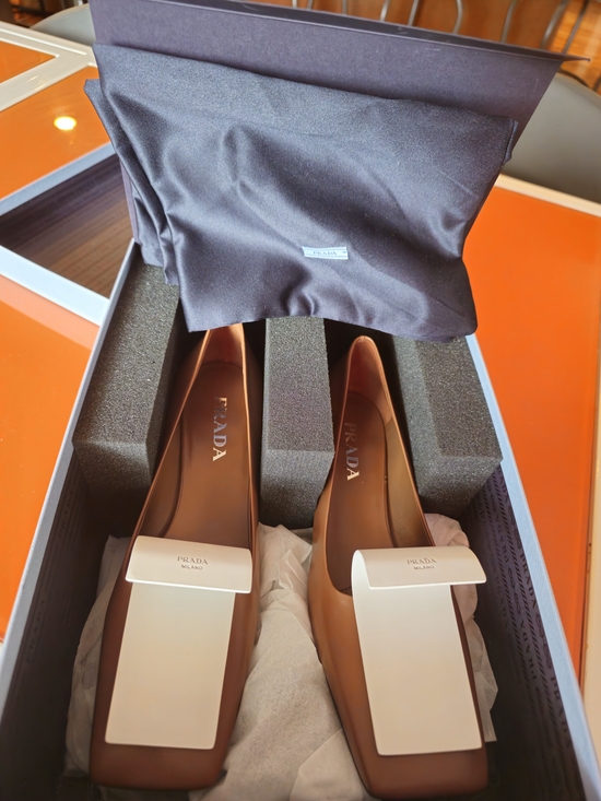 Prada Shoes - Prada Women’s Tan Leather Square-Toe Flats with Ivory Accents